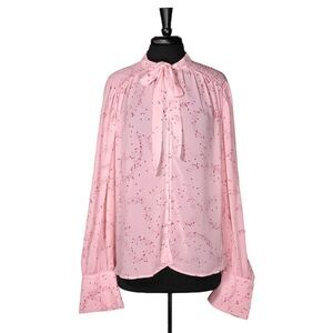 Free People Women's Shirt Button Up Pink Stars Neck Tie Oversized Blouse Top L